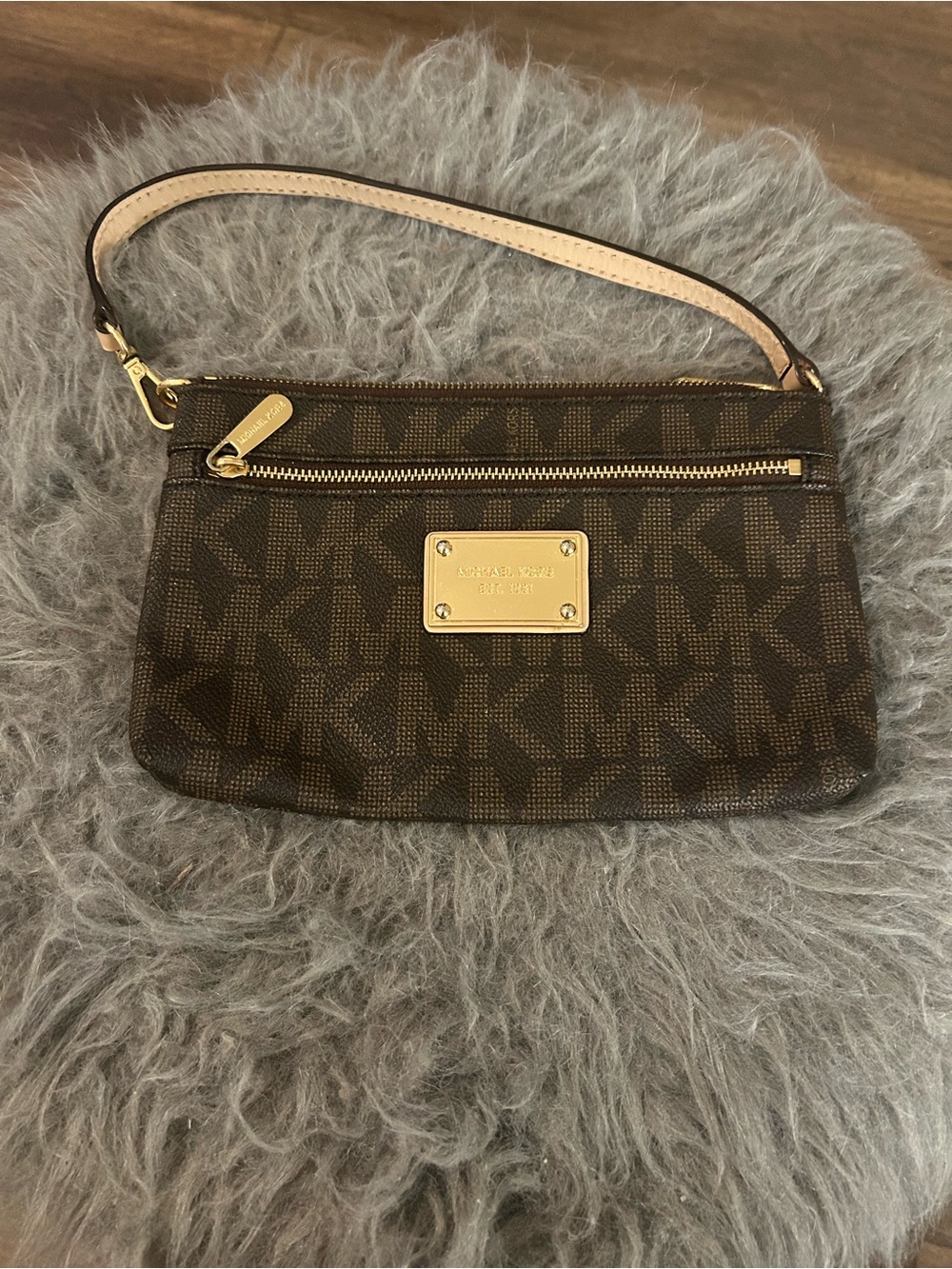 Michael Kors Brown Monogram Zip Wristlet with Gold Plate